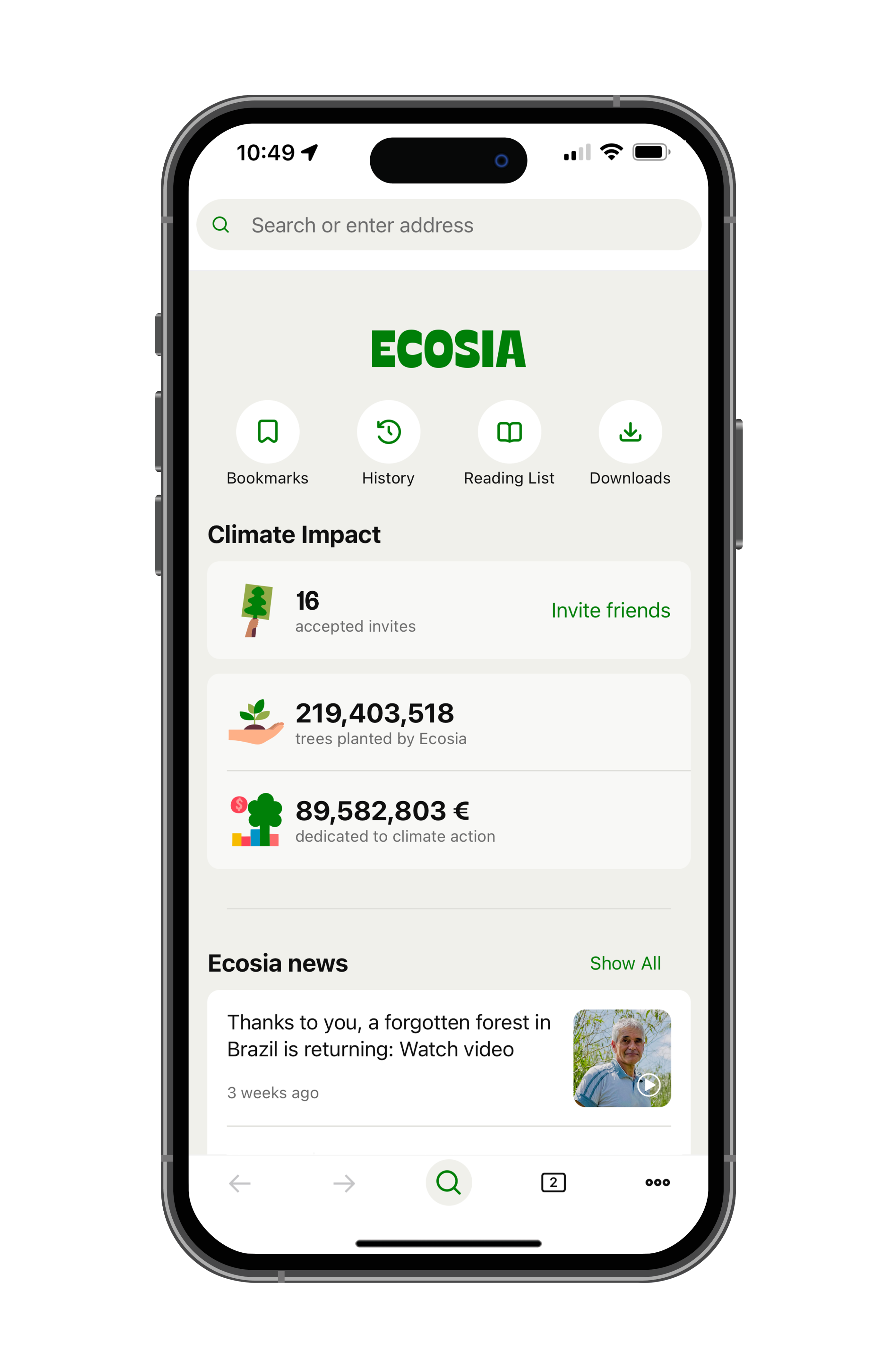 Smartphone with Ecosia installed